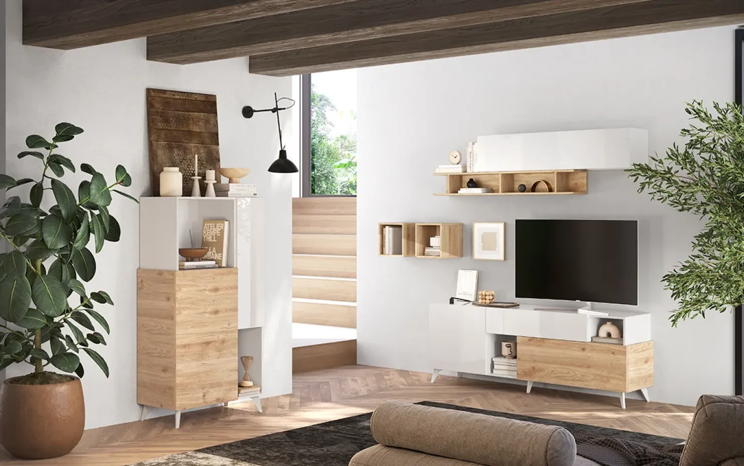 Garnero Arredamenti Mobile porta TV 181x67h cm soggiorno bianco lucido rovere chiaro Witty Rovere - Bianco Lucido Hot