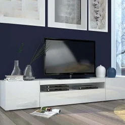 Garnero Arredamenti Mobile porta TV 200x37h cm soggiorno bianco laccato lucido Light Big Gihome® Bianco Lucido Best