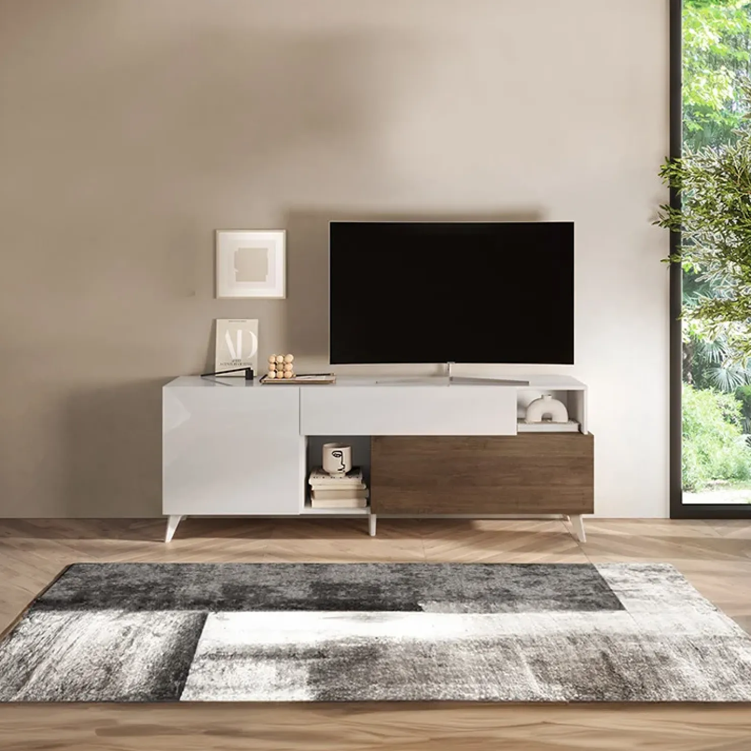 Garnero Arredamenti Mobile porta TV 181x67h cm soggiorno bianco lucido rovere scuro Witty Noce - Bianco Lucido Discount