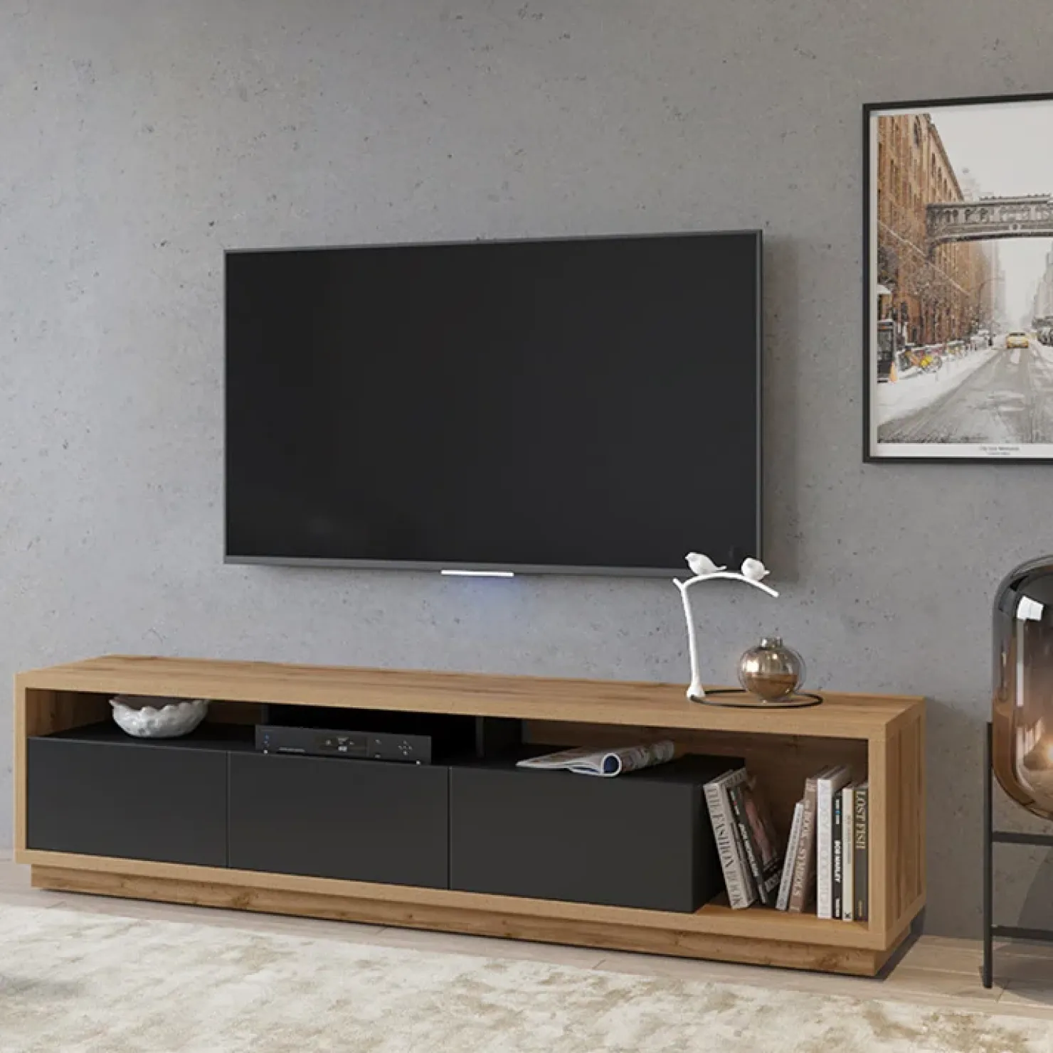Garnero Arredamenti Mobile porta TV 200x50h cm soggiorno rovere nero Favorita Rovere - Nero opaco Online