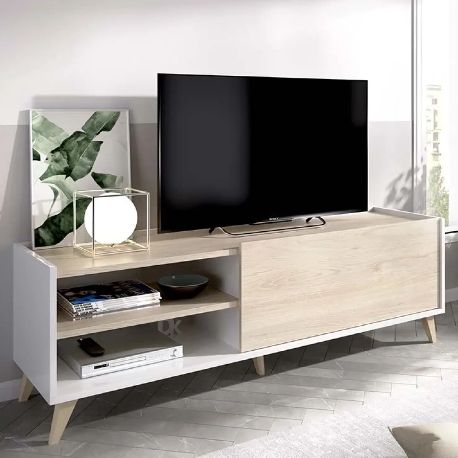 Garnero Arredamenti Mobile porta TV 155x47h cm soggiorno rovere bianco Elmer Rovere - Bianco opaco Discount
