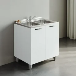 Garnero Arredamenti Mobile sottolavello cucina 80x86h cm multiuso con lavello 2 vasche acciaio inox Talise Bianco Frassinato