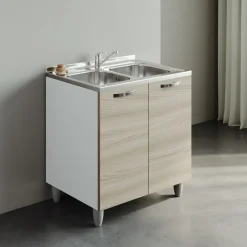 Garnero Arredamenti Mobile sottolavello cucina 80x86h cm multiuso con lavello 2 vasche acciaio inox bianco frassinato Talise Rovere Olmo Online