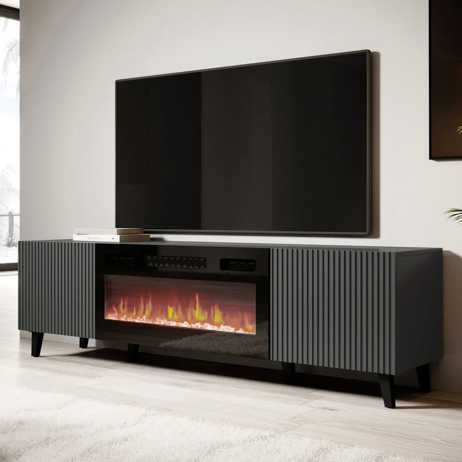 Garnero Arredamenti Mobile TV con camino 181x50h cm moderno cannettato Essence Antracite Outlet