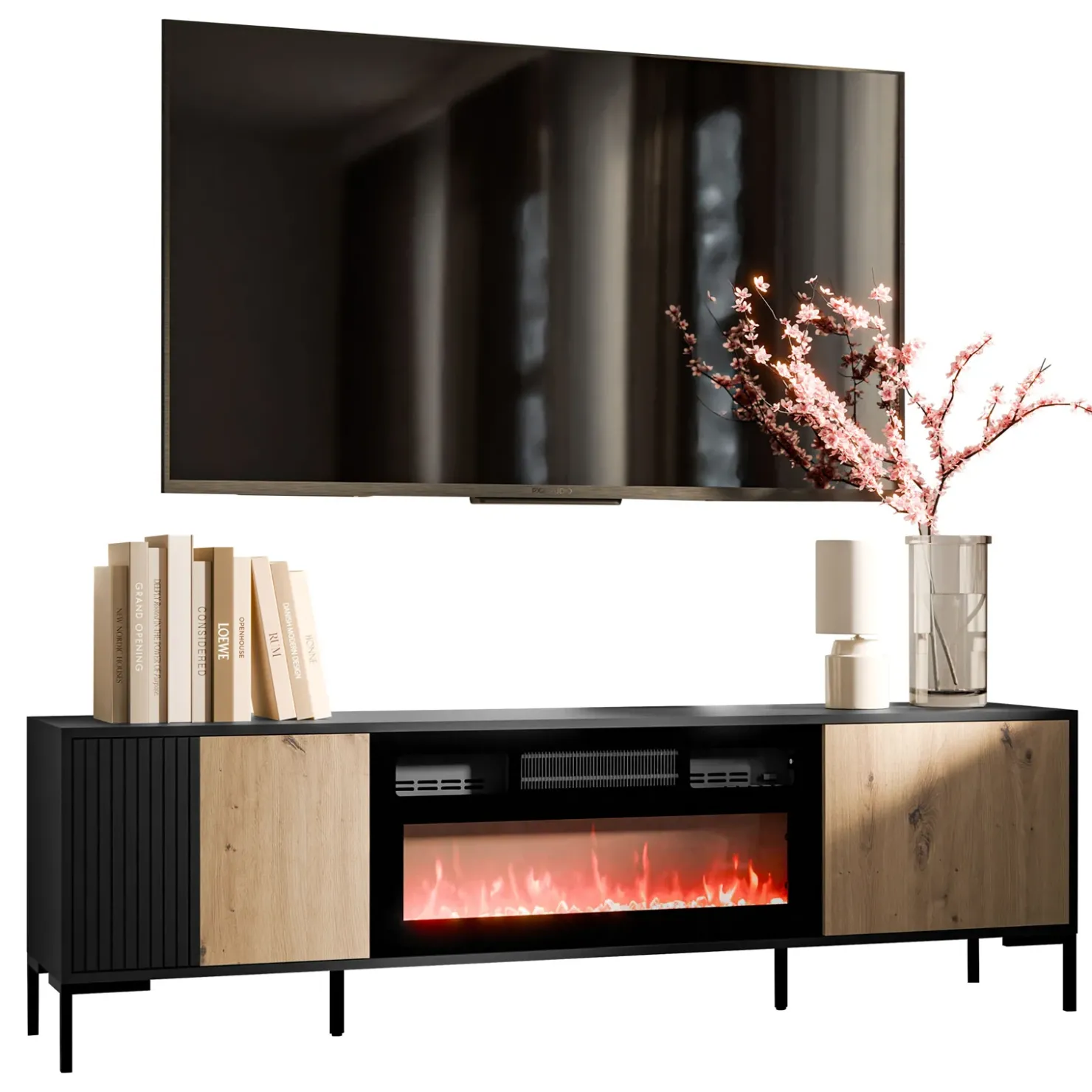 Garnero Arredamenti Mobile TV con camino 180x54h cm rovere nero Duble Clearance