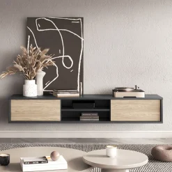 Garnero Arredamenti Mobile TV soggiorno sospeso 180x32h cm 2 ante a ribalta 2 vani rovere grigio Glem Rovere - Antracite Discount