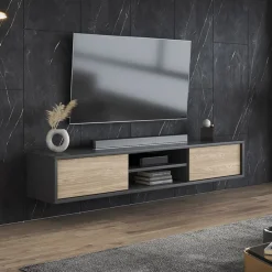 Garnero Arredamenti Mobile TV soggiorno sospeso 180x32h cm 2 ante a ribalta 2 vani  rovere grigio Glem Rovere - Antracite Discount