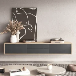 Garnero Arredamenti Mobile TV soggiorno sospeso 180x32h cm 2 ante a ribalta 2 cassetti antracite rovere Glem Antracite - Rovere Discount