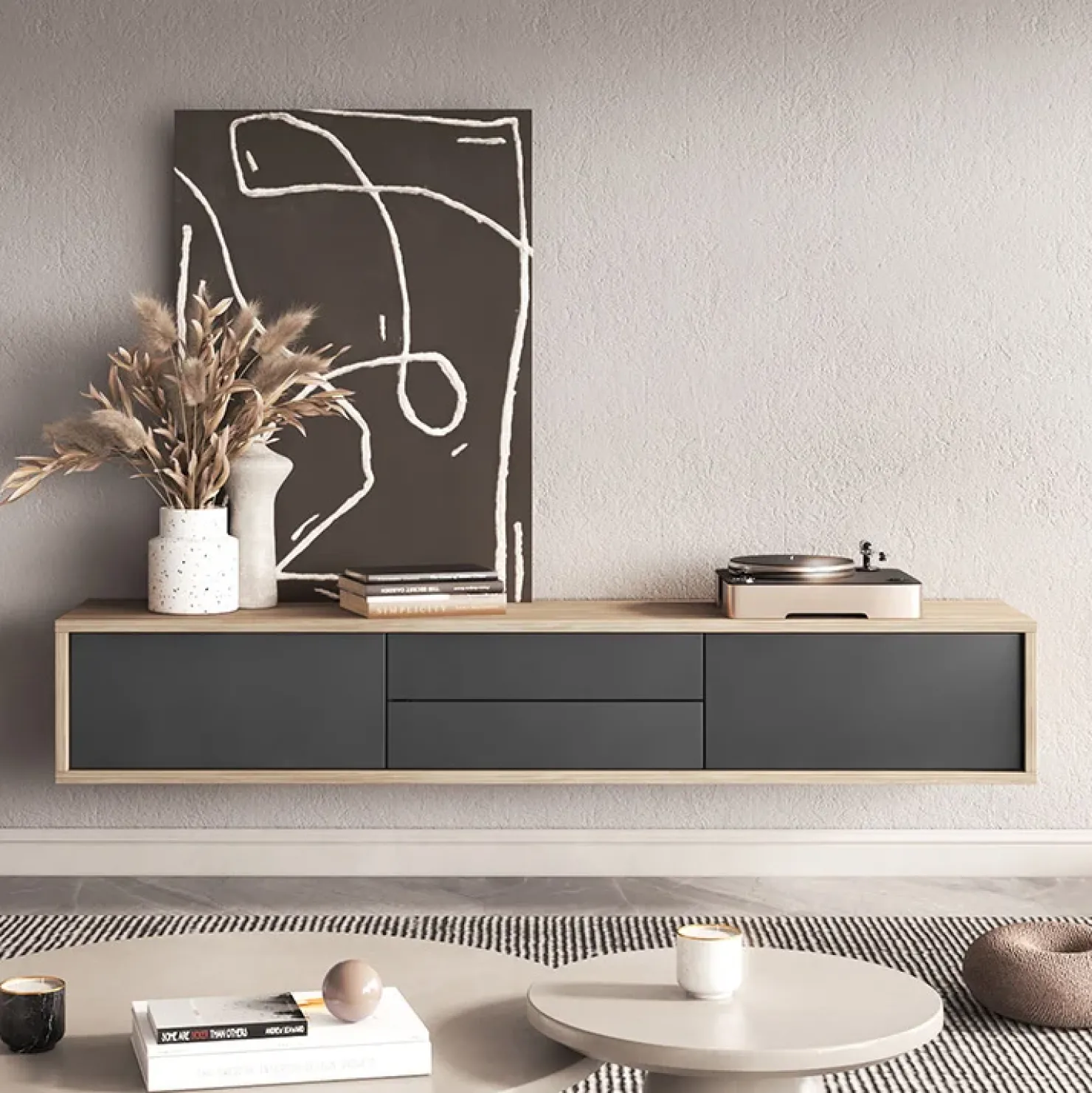 Garnero Arredamenti Mobile TV soggiorno sospeso 180x32h cm 2 ante a ribalta 2 cassetti antracite rovere Glem Antracite - Rovere Discount