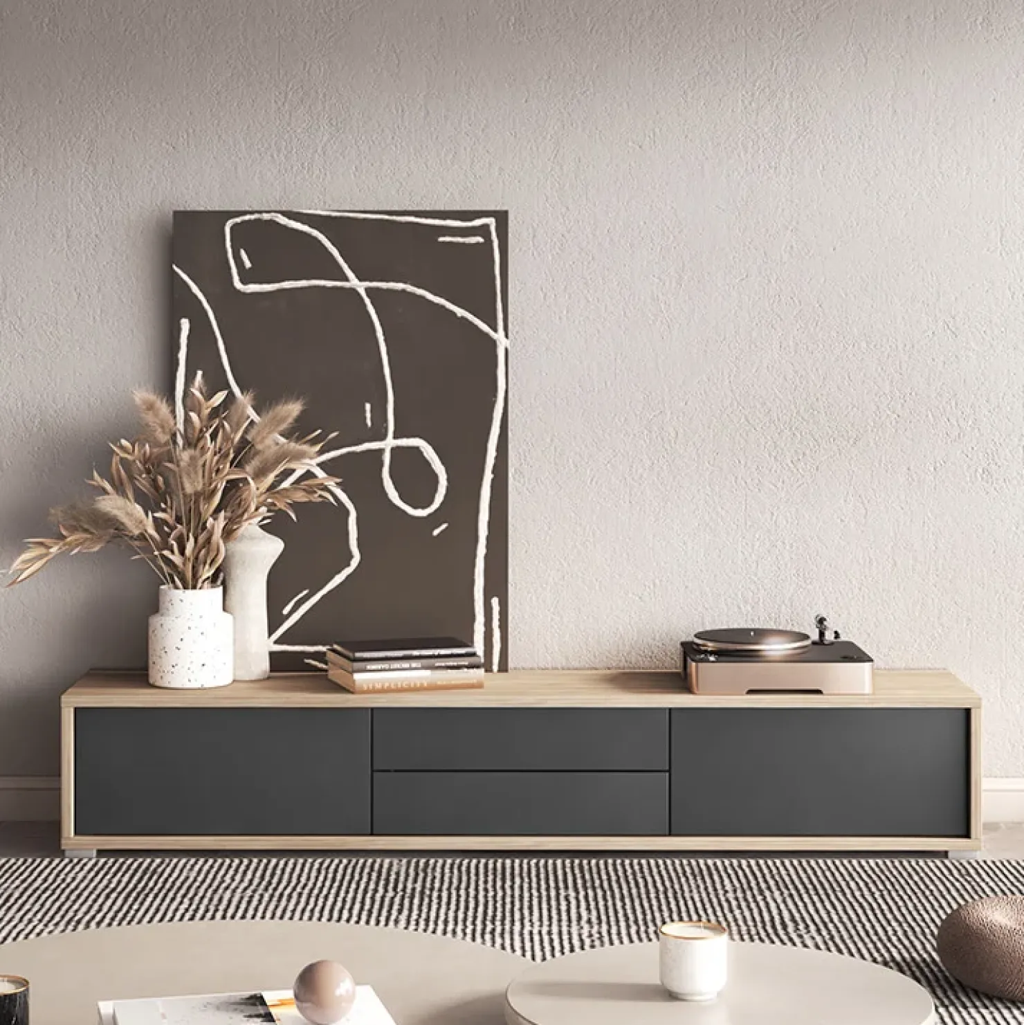 Garnero Arredamenti Mobile TV soggiorno sospeso 180x32h cm 2 ante a ribalta 2 cassetti antracite rovere Glem Antracite - Rovere Discount