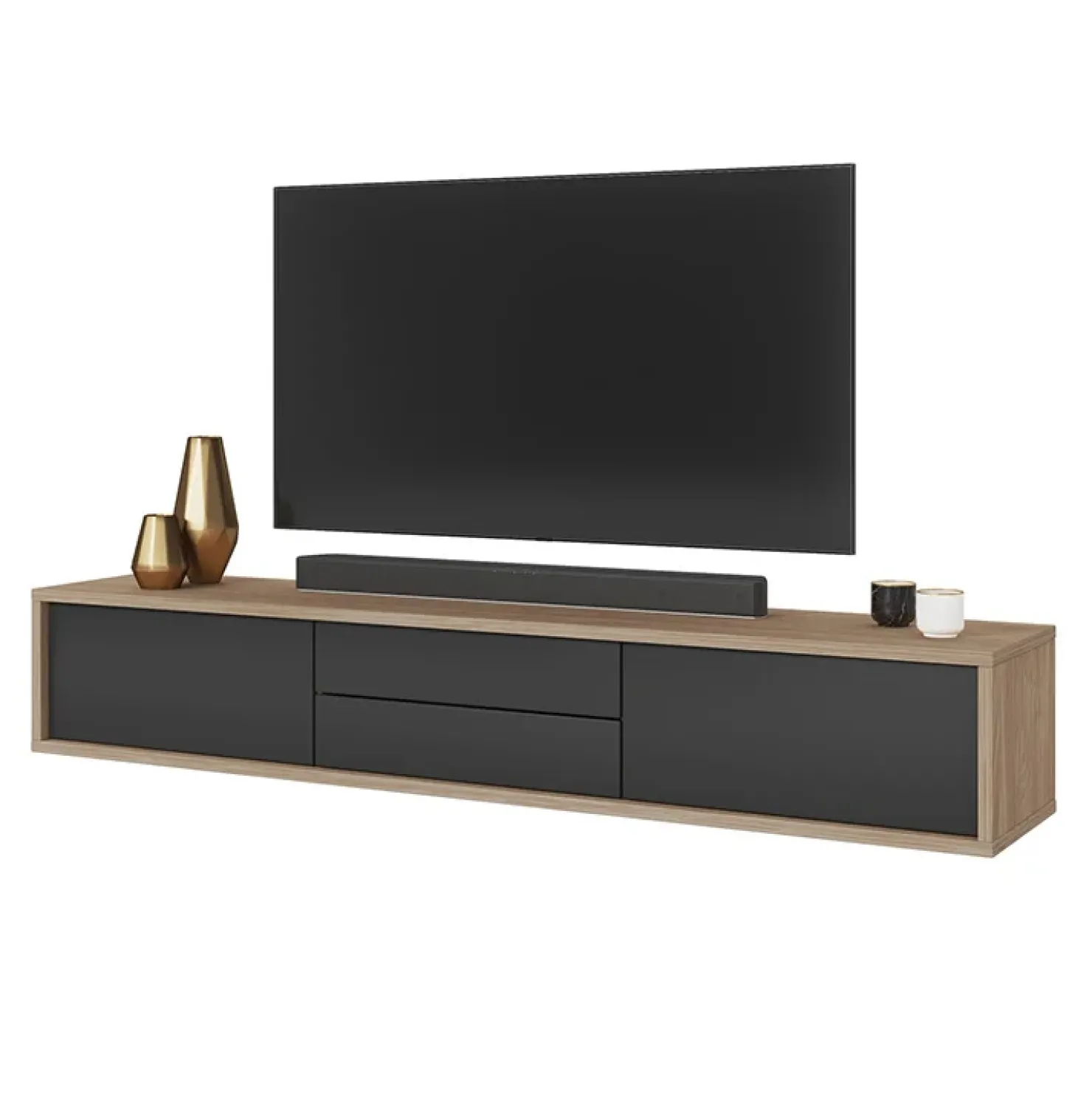 Garnero Arredamenti Mobile TV soggiorno sospeso 180x32h cm 2 ante a ribalta 2 cassetti antracite rovere Glem Antracite - Rovere Discount