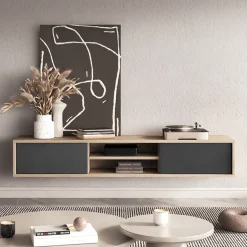 Garnero Arredamenti Mobile TV soggiorno sospeso 180x32h cm 2 ante a ribalta 2 vani antracite rovere Glem Antracite - Rovere Best