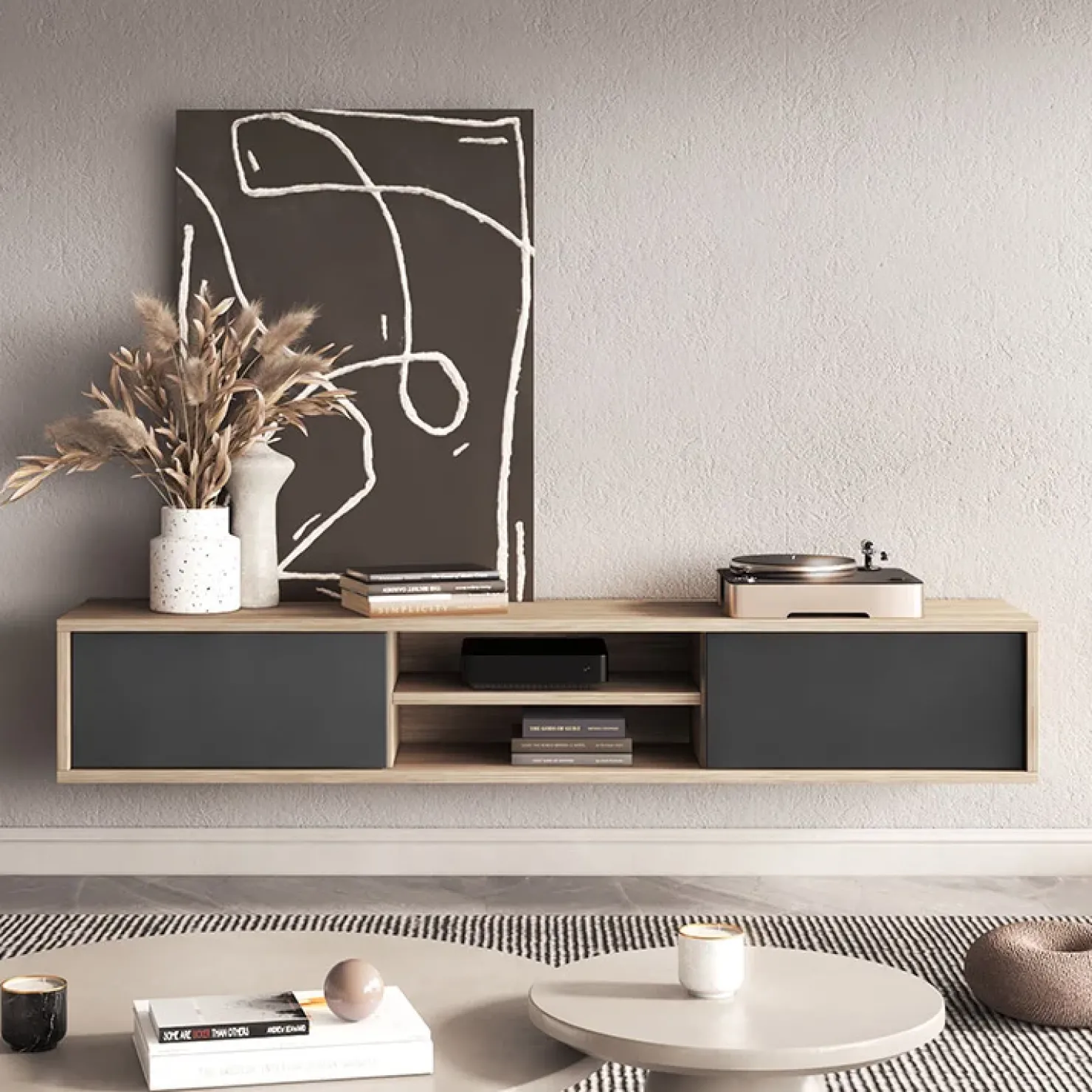 Garnero Arredamenti Mobile TV soggiorno sospeso 180x32h cm 2 ante a ribalta 2 vani antracite rovere Glem Antracite - Rovere Best