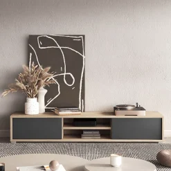 Garnero Arredamenti Mobile TV soggiorno sospeso 180x32h cm 2 ante a ribalta 2 vani antracite rovere Glem Antracite - Rovere Best