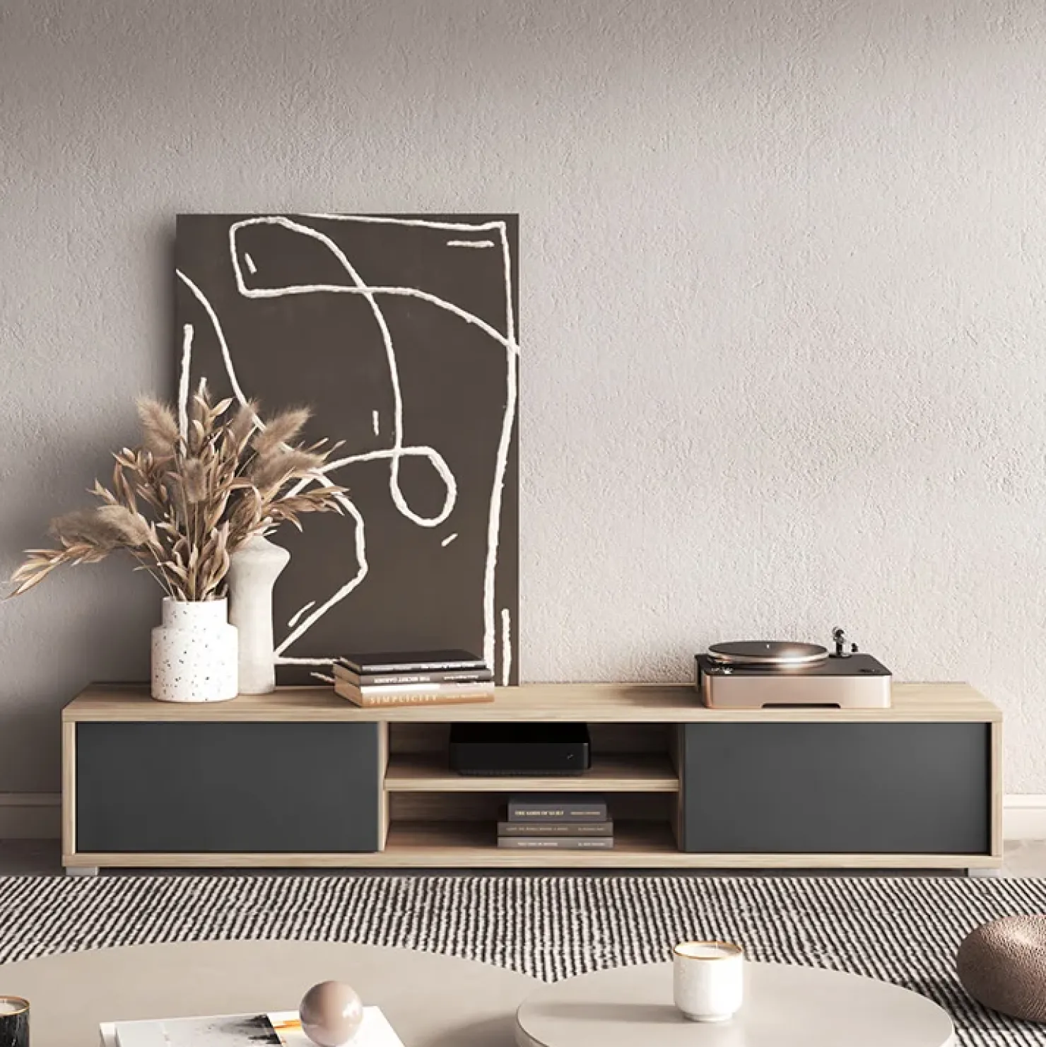 Garnero Arredamenti Mobile TV soggiorno sospeso 180x32h cm 2 ante a ribalta 2 vani antracite rovere Glem Antracite - Rovere Best