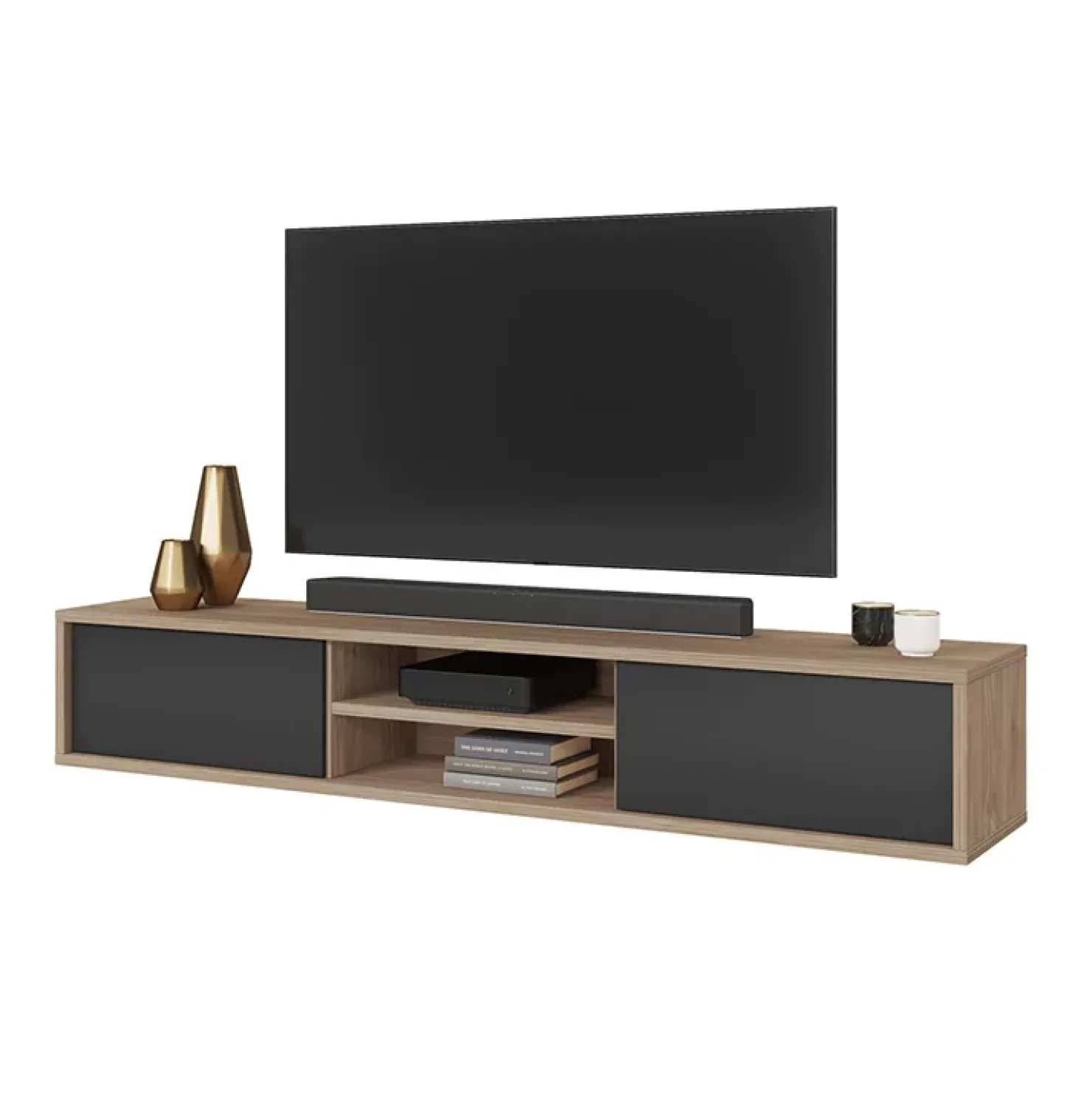 Garnero Arredamenti Mobile TV soggiorno sospeso 180x32h cm 2 ante a ribalta 2 vani antracite rovere Glem Antracite - Rovere Best