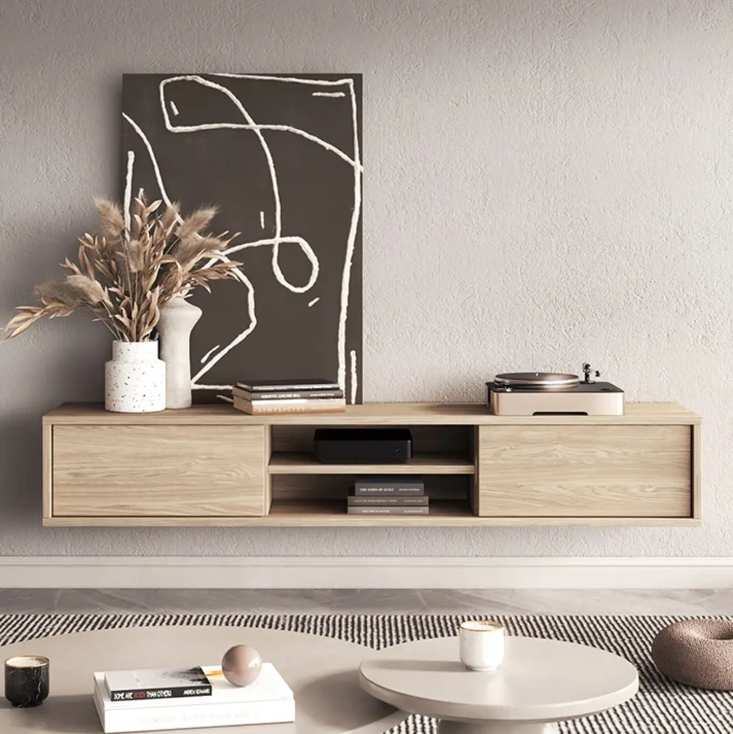 Garnero Arredamenti Mobile TV soggiorno sospeso 180x32h cm 2 ante a ribalta 2 vani Glem Rovere Outlet