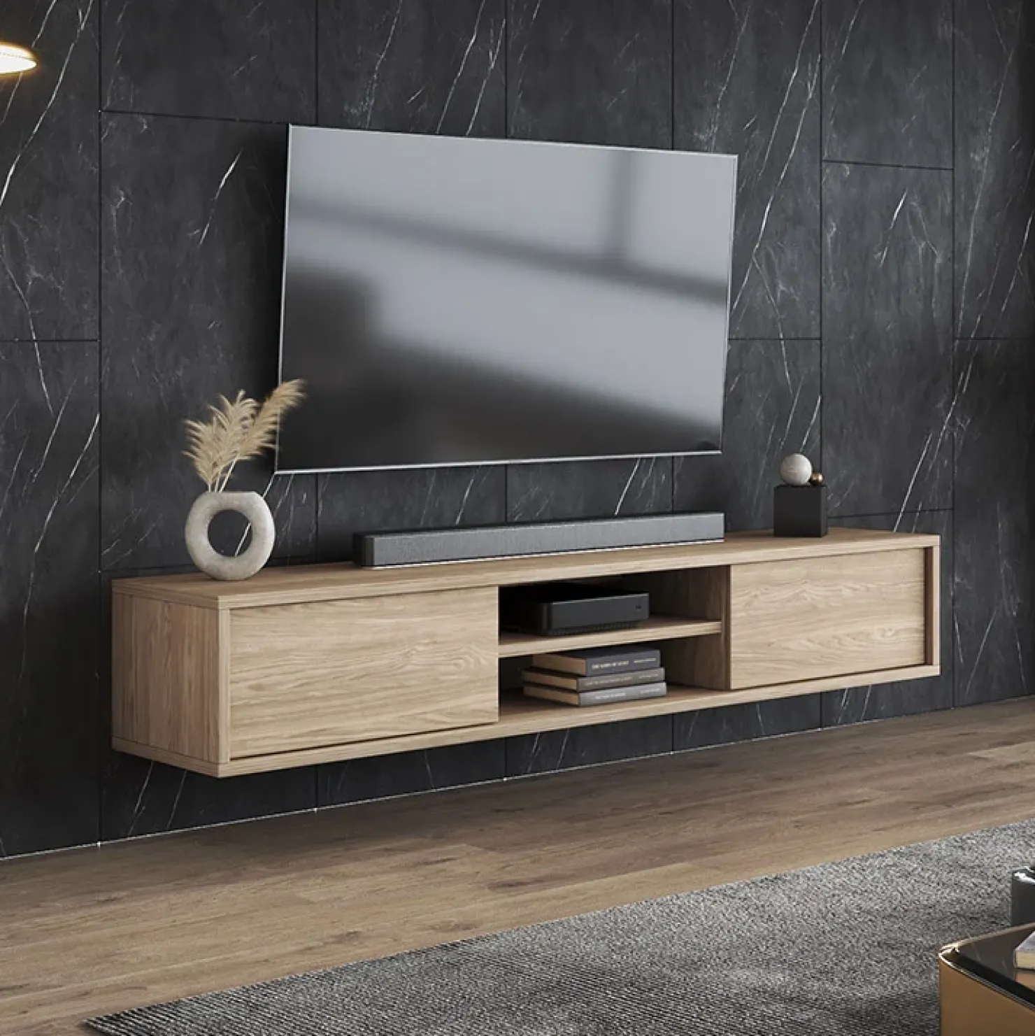 Garnero Arredamenti Mobile TV soggiorno sospeso 180x32h cm 2 ante a ribalta 2 vani Glem Rovere Outlet