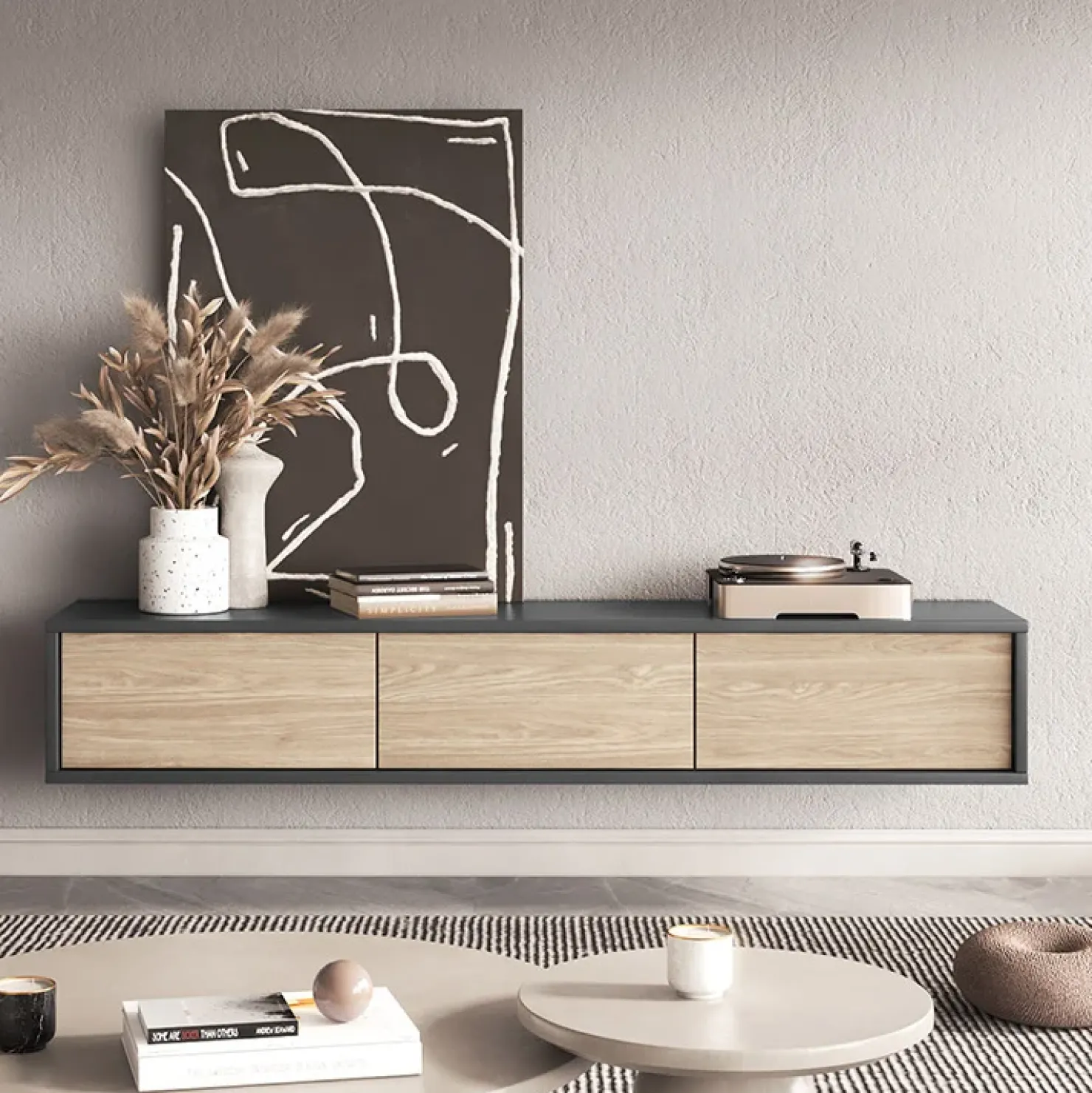 Garnero Arredamenti Mobile TV soggiorno sospeso 180x32h cm 3 ante a ribalta rovere grigio Glem Rovere - Antracite