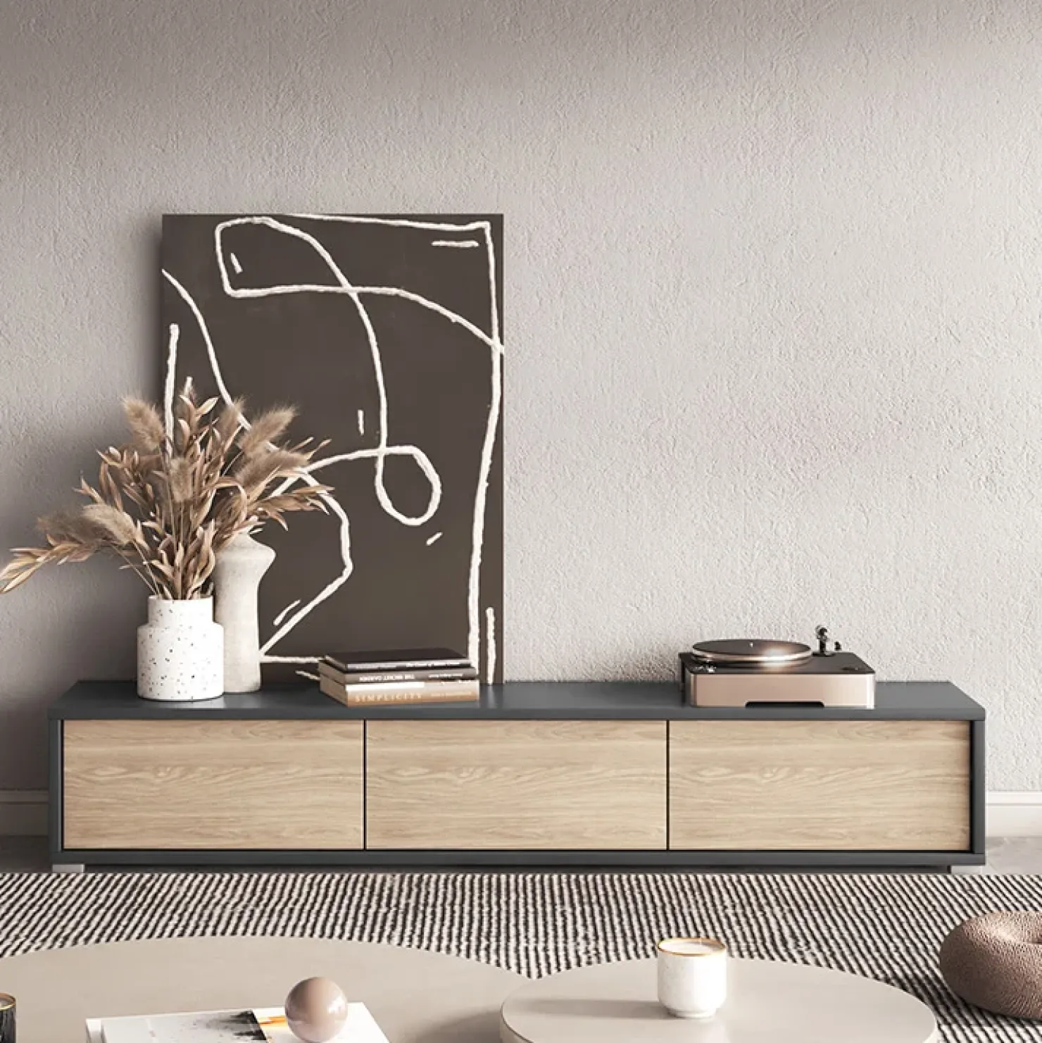 Garnero Arredamenti Mobile TV soggiorno sospeso 180x32h cm 3 ante a ribalta rovere grigio Glem Rovere - Antracite