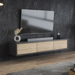 Garnero Arredamenti Mobile TV soggiorno sospeso 180x32h cm 3 ante a ribalta rovere grigio Glem Rovere - Antracite