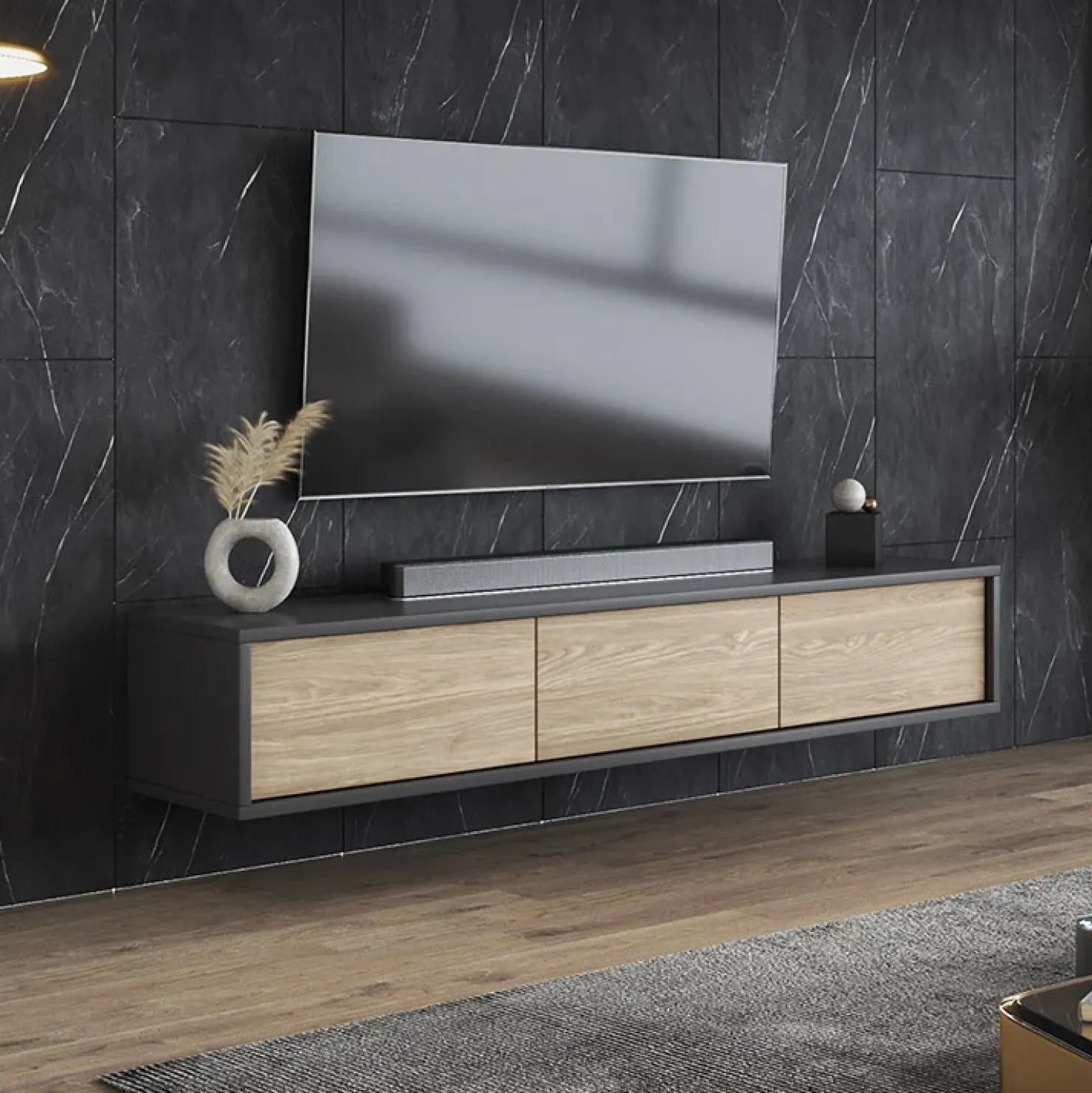 Garnero Arredamenti Mobile TV soggiorno sospeso 180x32h cm 3 ante a ribalta rovere grigio Glem Rovere - Antracite