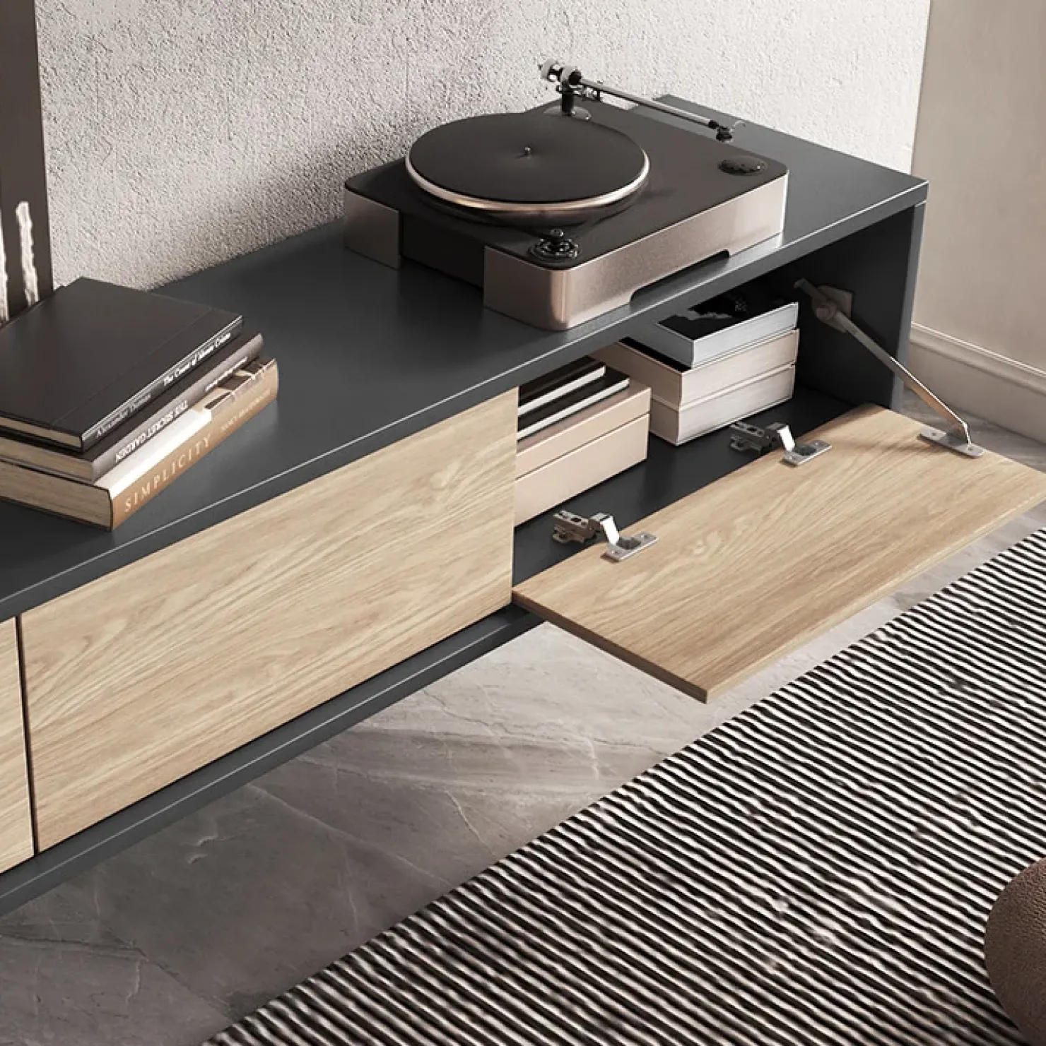 Garnero Arredamenti Mobile TV soggiorno sospeso 180x32h cm 3 ante a ribalta rovere grigio Glem Rovere - Antracite