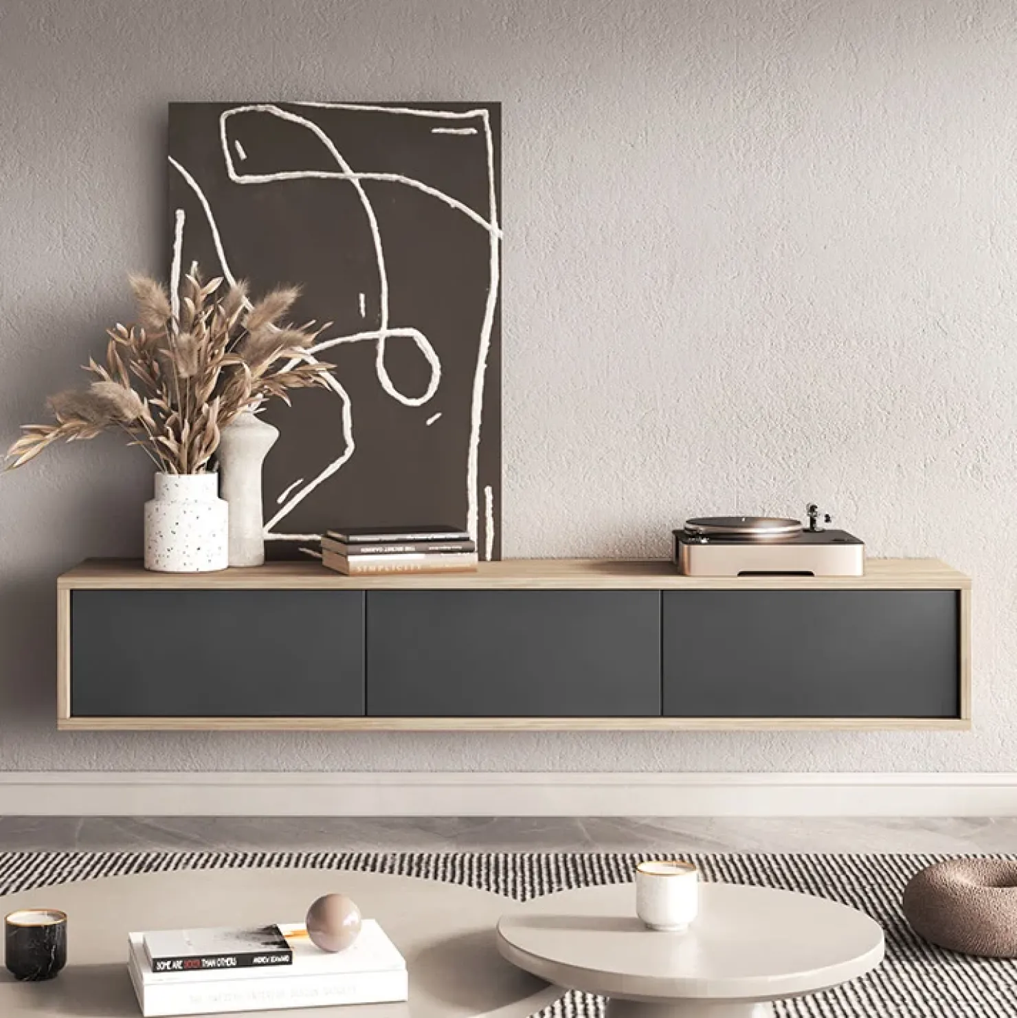 Garnero Arredamenti Mobile TV soggiorno sospeso 180x32h cm 3 ante a ribalta antracite rovere Glem Antracite - Rovere Best