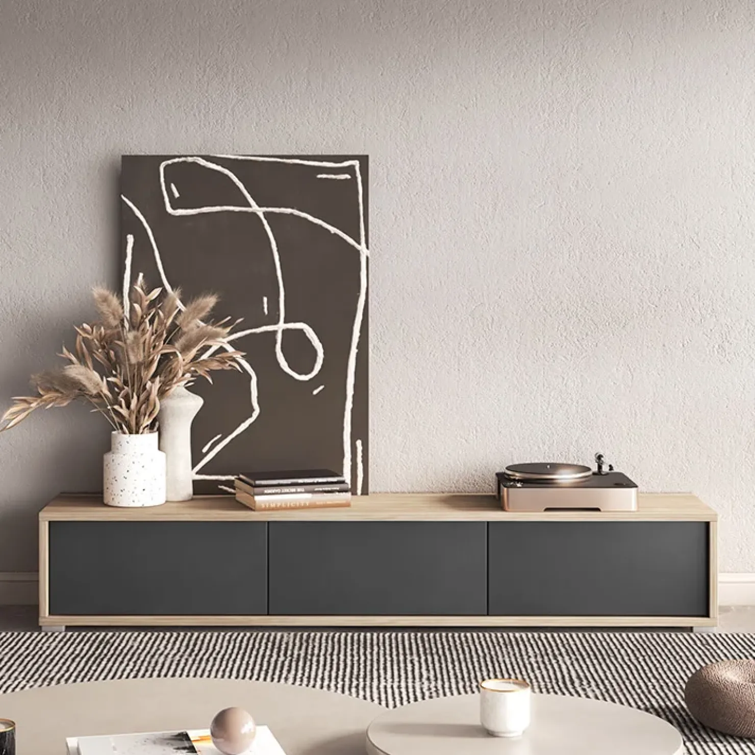 Garnero Arredamenti Mobile TV soggiorno sospeso 180x32h cm 3 ante a ribalta antracite rovere Glem Antracite - Rovere Best