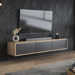 Garnero Arredamenti Mobile TV soggiorno sospeso 180x32h cm 3 ante a ribalta antracite rovere Glem Antracite - Rovere Best