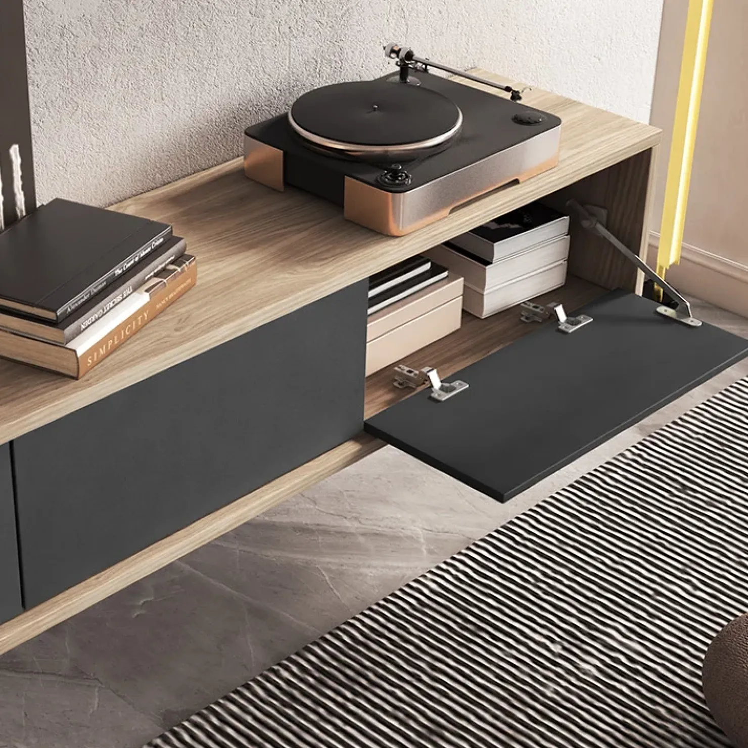 Garnero Arredamenti Mobile TV soggiorno sospeso 180x32h cm 3 ante a ribalta antracite rovere Glem Antracite - Rovere Best