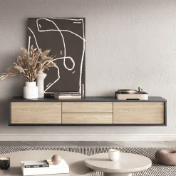 Garnero Arredamenti Mobile TV soggiorno sospeso 180x32h cm 2 ante a ribalta 2 cassetti rovere grigio Glem Rovere - Antracite Clearance