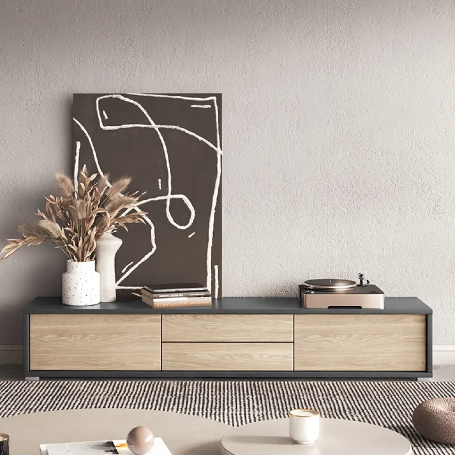 Garnero Arredamenti Mobile TV soggiorno sospeso 180x32h cm 2 ante a ribalta 2 cassetti rovere grigio Glem Rovere - Antracite Clearance