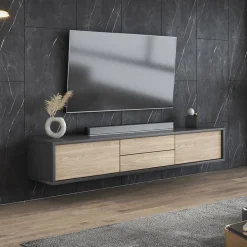 Garnero Arredamenti Mobile TV soggiorno sospeso 180x32h cm 2 ante a ribalta 2 cassetti rovere grigio Glem Rovere - Antracite Clearance