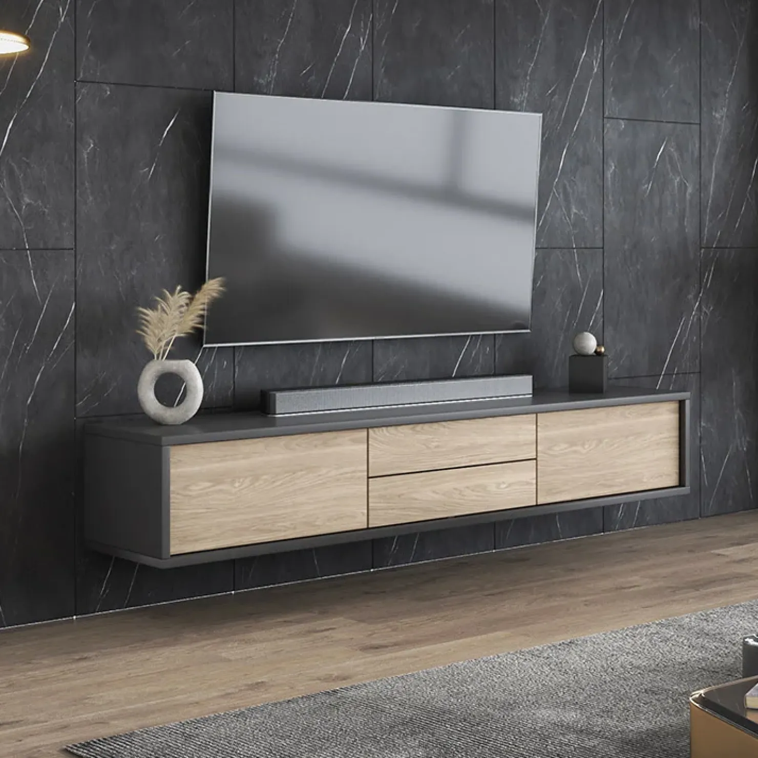 Garnero Arredamenti Mobile TV soggiorno sospeso 180x32h cm 2 ante a ribalta 2 cassetti rovere grigio Glem Rovere - Antracite Clearance
