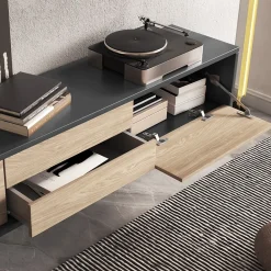 Garnero Arredamenti Mobile TV soggiorno sospeso 180x32h cm 2 ante a ribalta 2 cassetti rovere grigio Glem Rovere - Antracite Clearance