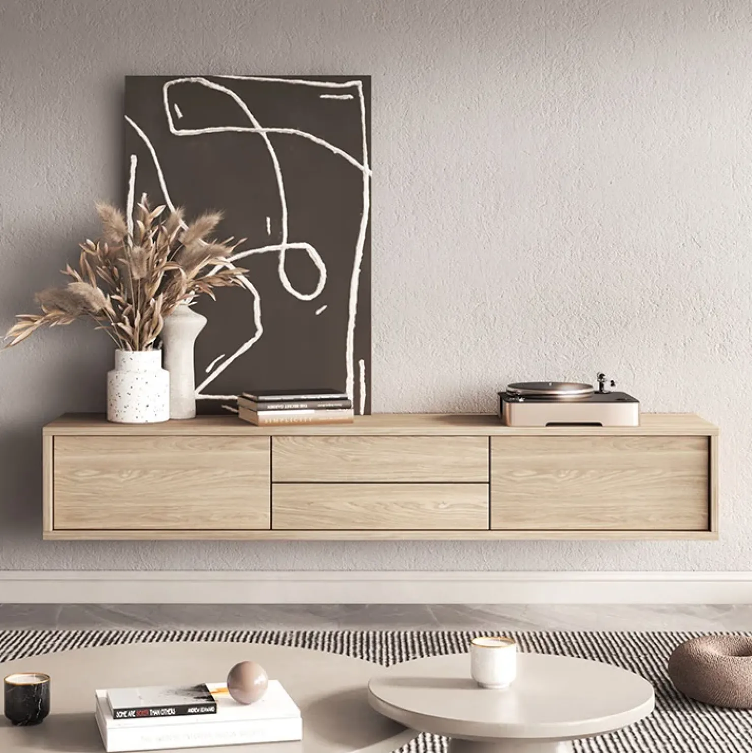 Garnero Arredamenti Mobile TV soggiorno sospeso 180x32h cm 2 ante a ribalta 2 cassetti Glem Rovere