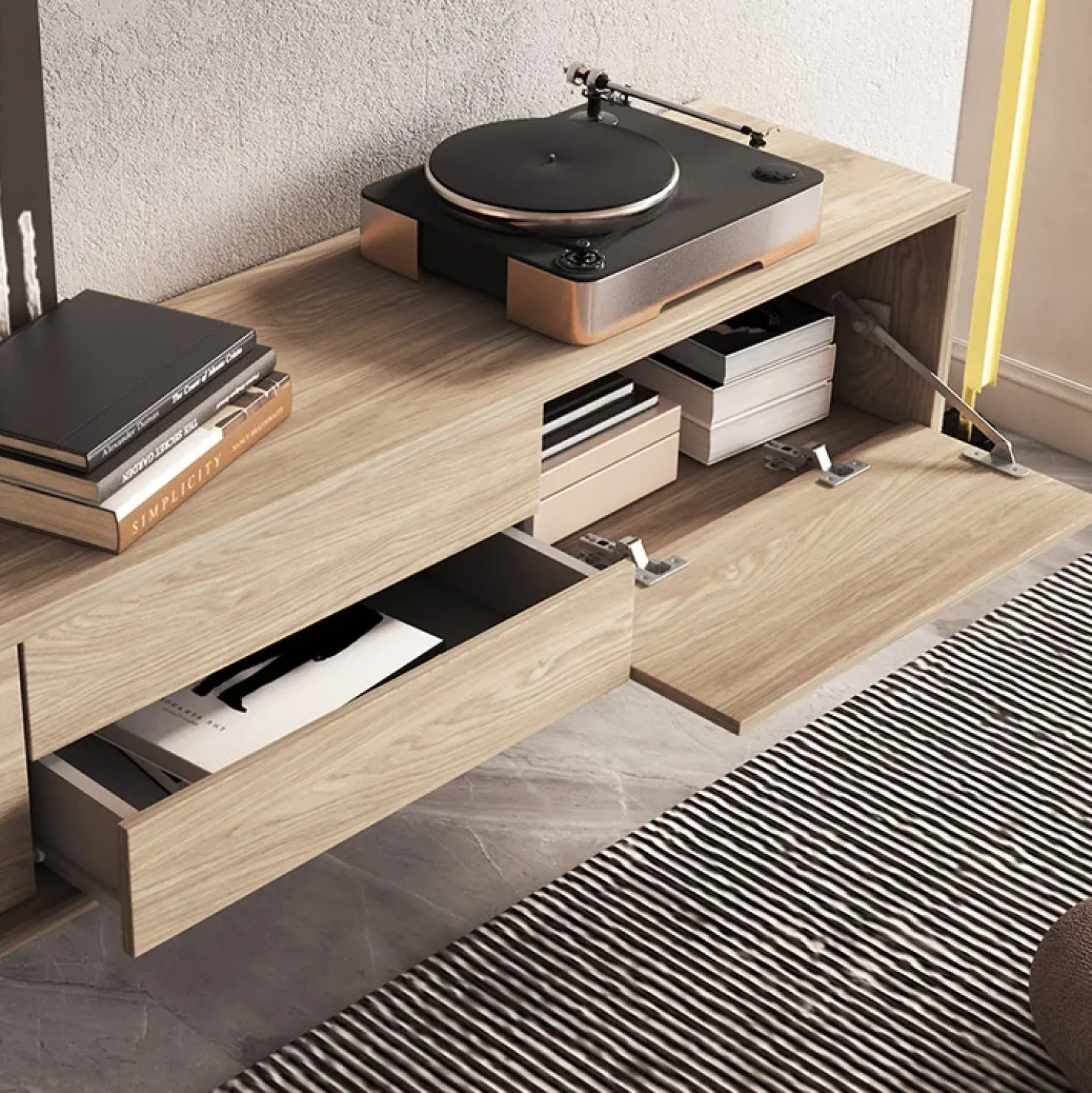 Garnero Arredamenti Mobile TV soggiorno sospeso 180x32h cm 2 ante a ribalta 2 cassetti Glem Rovere