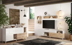 Garnero Arredamenti Mobile TV 241x67h cm 2 ante 1 cassetto bianco lucido rovere chiaro Witty Rovere - Bianco Lucido Hot