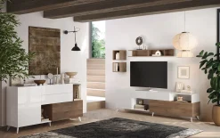 Garnero Arredamenti Mobile TV 241x67h cm 2 ante 1 cassetto bianco lucido rovere scuro Witty Noce - Bianco Lucido Hot