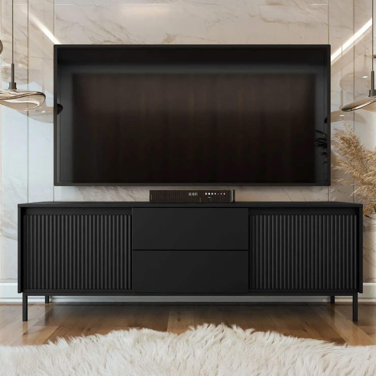 Garnero Arredamenti Mobile TV 174x60h cm 2 cassetti design cannettato nero Strike Nero Opaco Hot