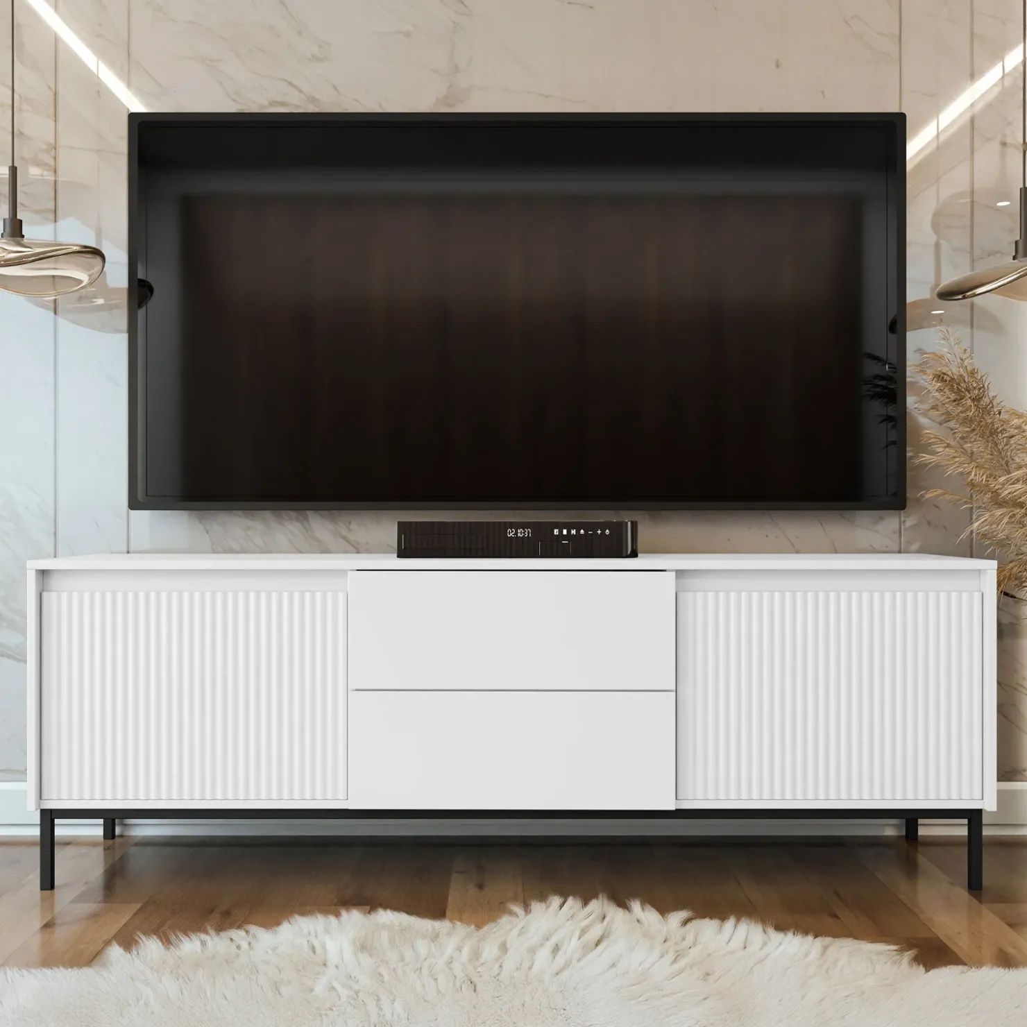 Garnero Arredamenti Mobile TV 174x60h cm 2 cassetti design cannettato bianco Strike Bianco Opaco Outlet