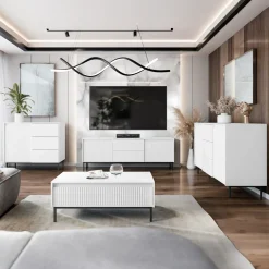 Garnero Arredamenti Mobile TV 174x60h cm 2 cassetti design cannettato bianco Strike Bianco Opaco Outlet