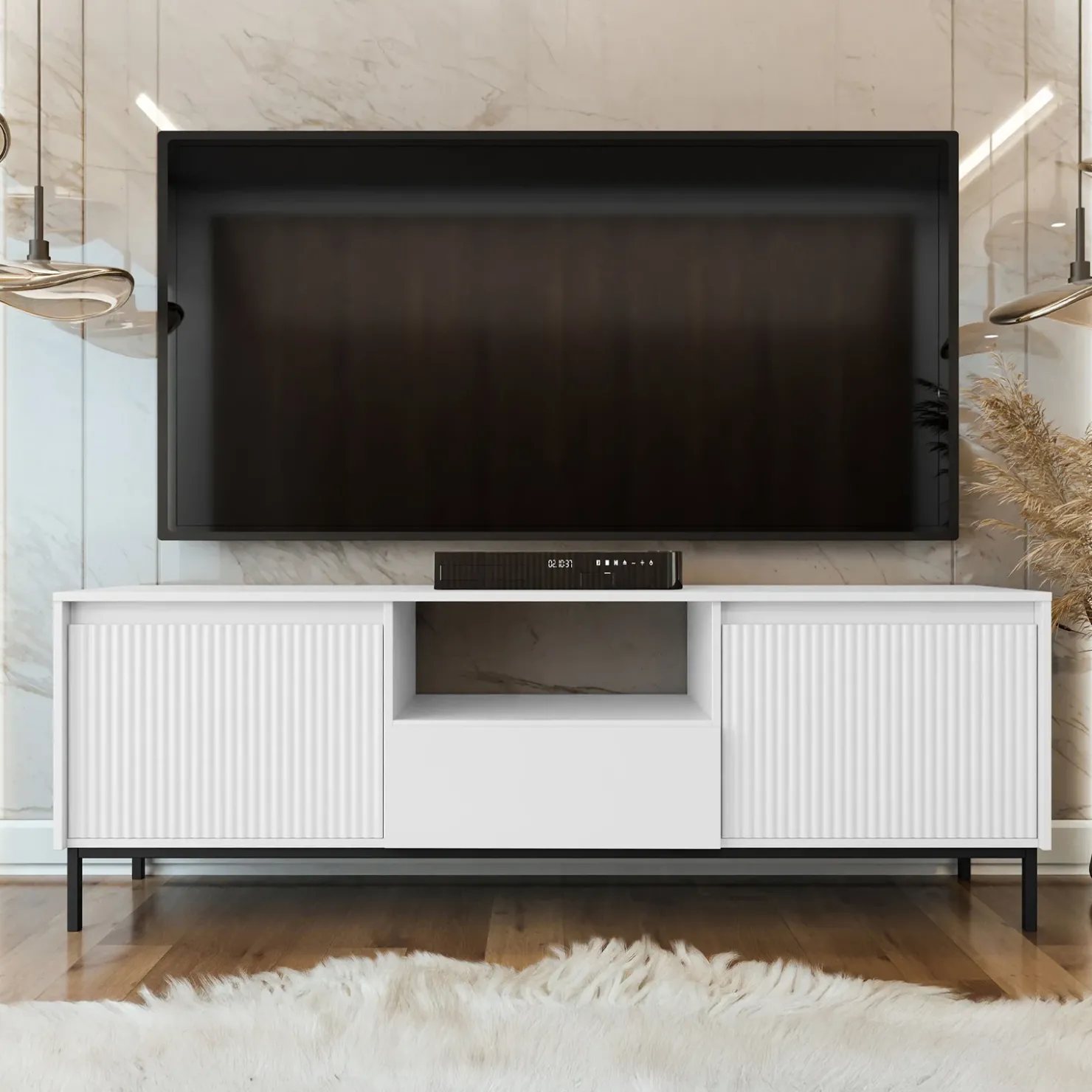 Garnero Arredamenti Mobile TV 174x55h cm design cannettato bianco Strike Bianco Opaco Sale