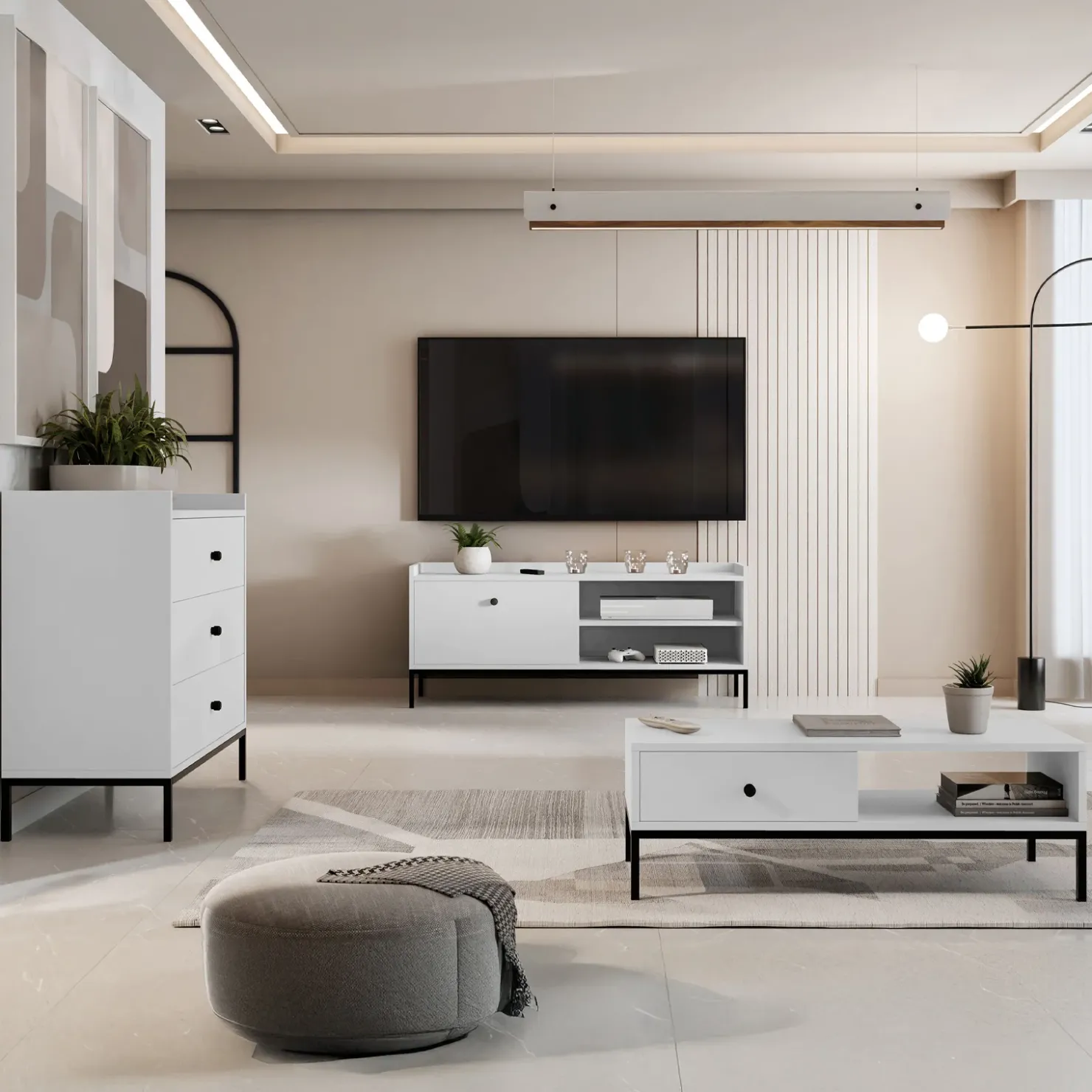 Garnero Arredamenti Mobile TV 140x55h cm design moderno bianco Pollon Bianco Opaco Sale