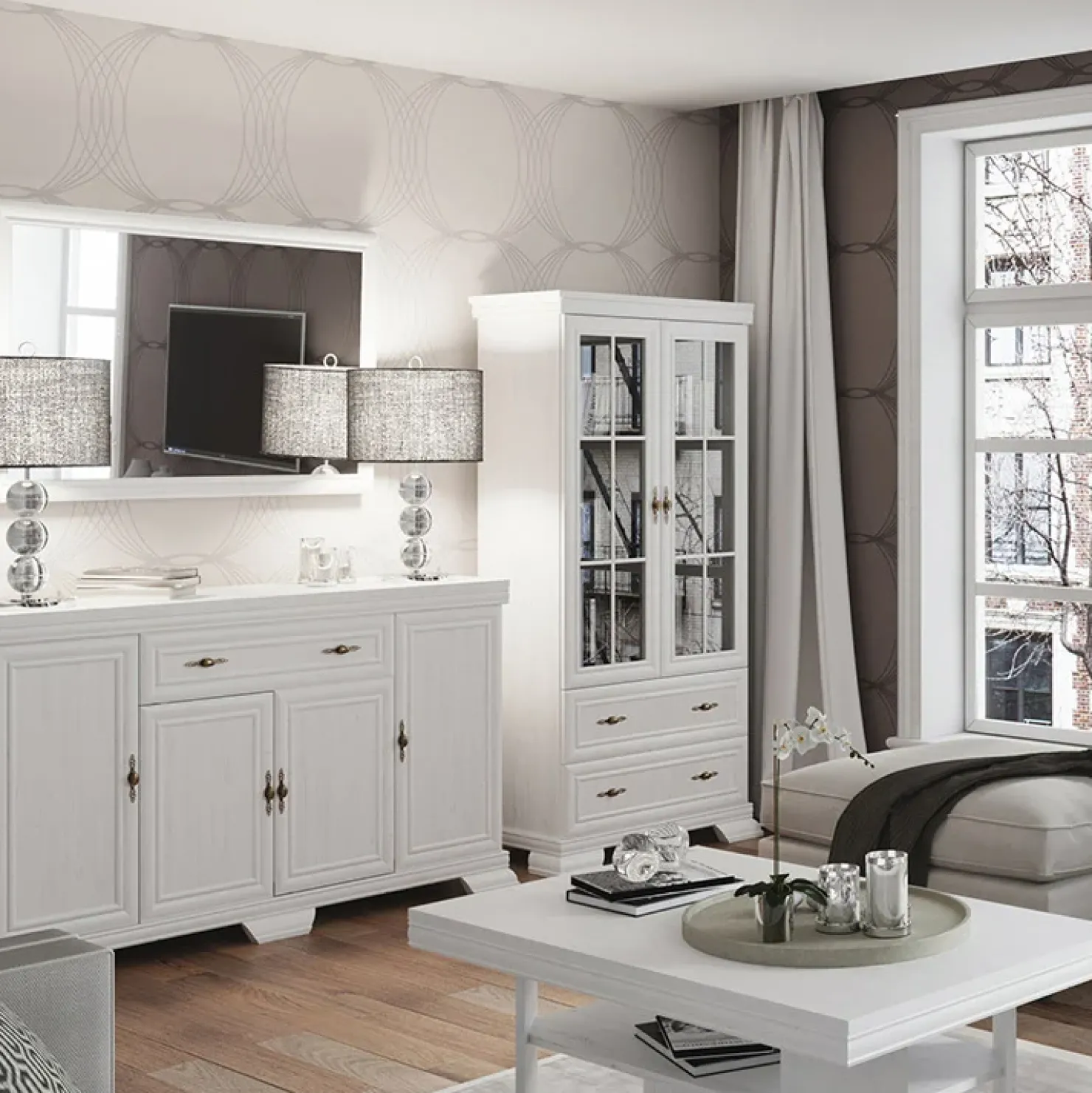 Garnero Arredamenti Mobile TV 108x77h cm shabby 1 anta 3 scaffali Kelly Bianco Frassinato