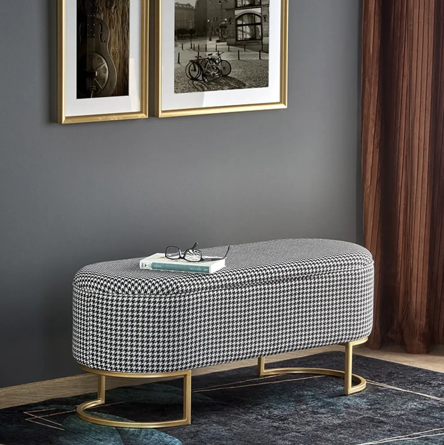 Garnero Arredamenti Panca moderna 105x42cm in tessuto nero bianco oro Denes Clearance