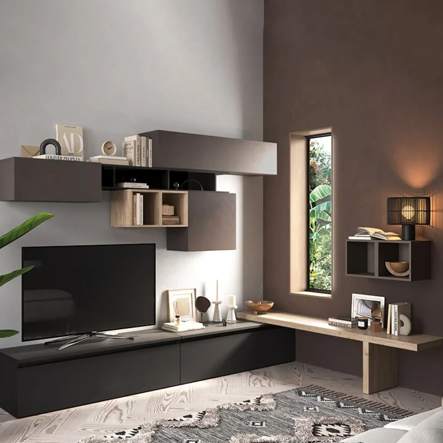 Garnero Arredamenti Parete attrezzata angolare 276x190h cm marrone ossido nero rovere Sunset 45 Ossido - Rovere Outlet