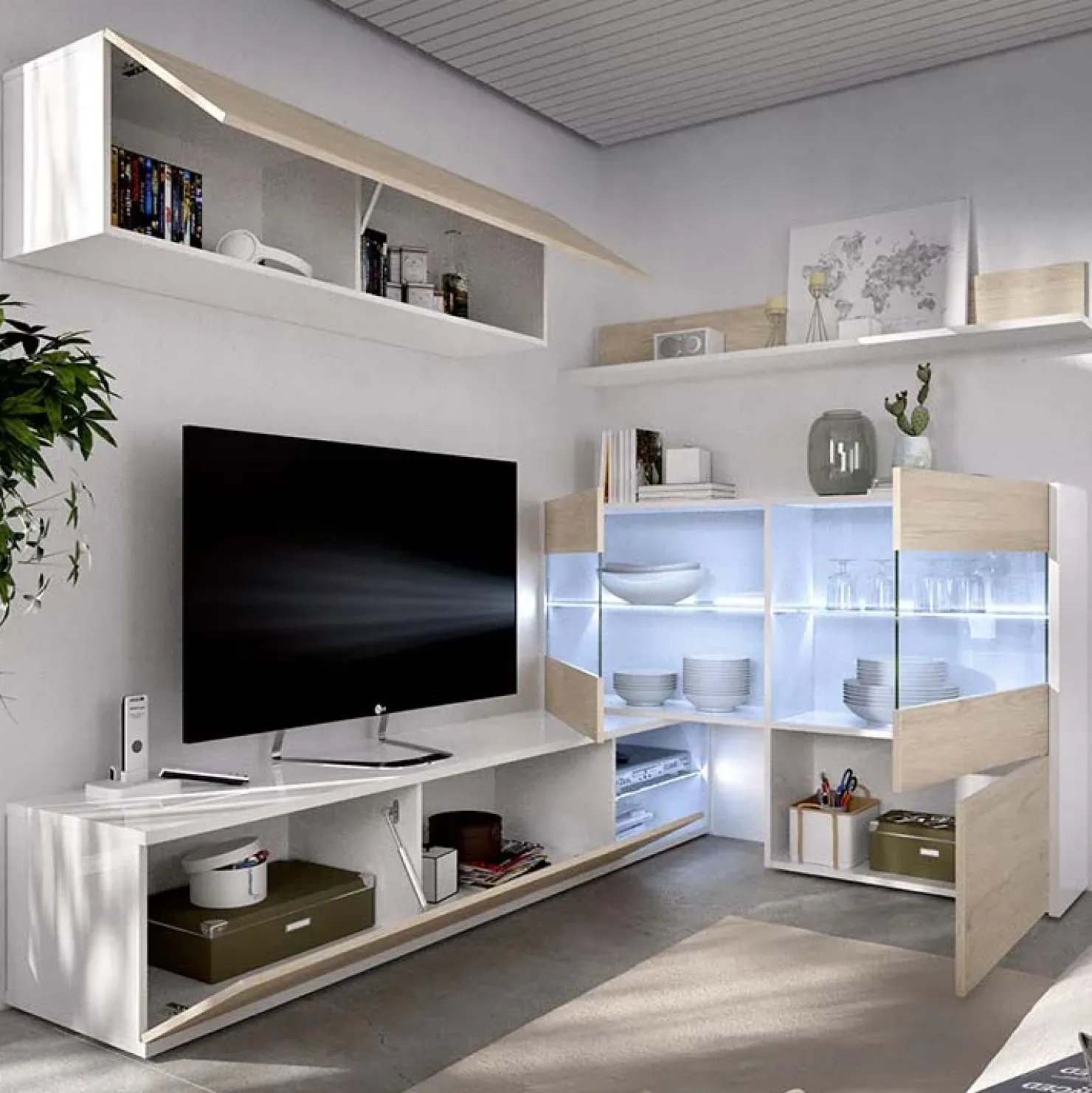 Garnero Arredamenti Parete attrezzata componibile 260x175h cm rovere bianco lucido Emily Hot