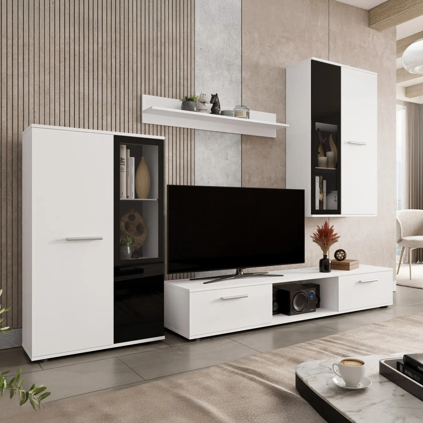 Garnero Arredamenti Parete attrezzata con vetrina 235x180h cm bianco nero Leeds New